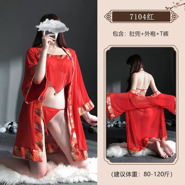 Lace Bridal Sleepwear Set - Plus Size Sheer Hanfu-Inspired Robe, Kimono & Chemise Nightgown Ensemble - Model 5