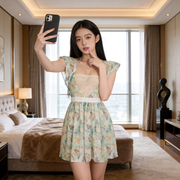 Woman taking selfie in su shi sexy deep v floral lingerie dress - sheer mesh seductive nightwear for women, bedroom setting.