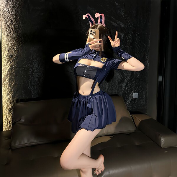 Flirty Bunny Police Officer Costume - Sexy Pure-Delight Bunny Girl Sleepwear Set with Mini Skirt - Set + Model's same style of large fishnet tights