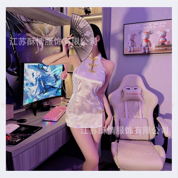 Woman in sultry lace cheongsam sleepwear set posing with fan in gaming room, featuring open-side backless design.