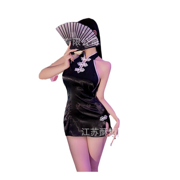 Woman in black lace cheongsam sleepwear holding a fan, featuring open sides and backless design for a sultry look.