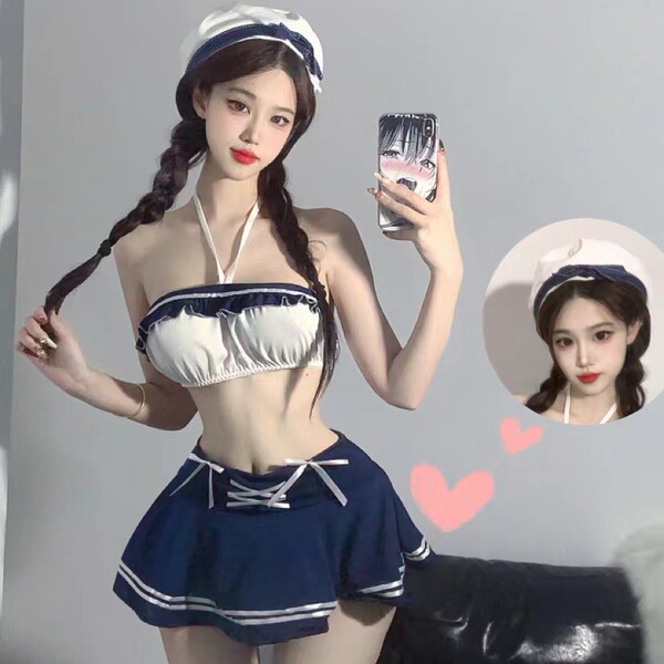 Woman in sailor-themed lingerie set with sheer details, posing for selfie. perfect for small busts, this sultry student rolep...