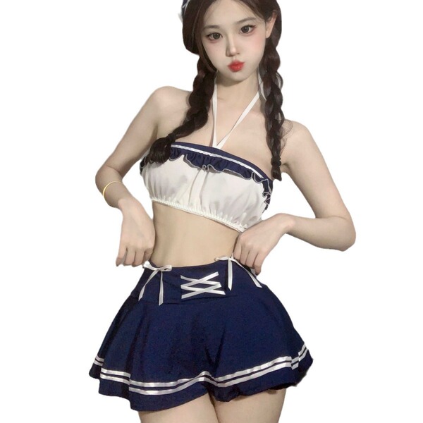 Sultry lace lingerie set for small busts - sheer open-crotch pure-desire student roleplay outfit with navy and white accents