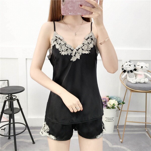 Summer embroidered lace womens silk-look cami shorts two-piece sleepwear set for home & lounging, featuring elegant lace deta...