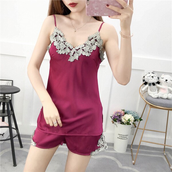 Summer embroidered lace womens silk-look cami shorts two-piece sleepwear set for home & lounging