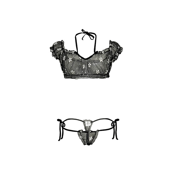 Summer off-shoulder lace sleepwear set for women – floral mesh bralette & matching bottoms with adjustable ties