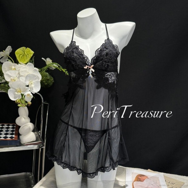 Black lace bodysuit with sheer mesh, low-cut bust and cut-outs on mannequin. summer sexy lace bodysuit by peritreasure.