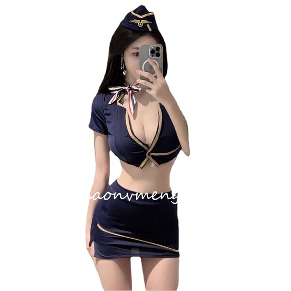 Woman modeling navy blue suoqing airline hostess costume set with pencil skirt, matching lingerie top, and cap for nightclub ...