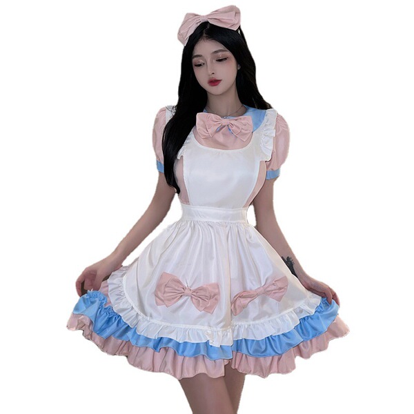 A woman wearing a maid lolita outfit, featuring a creamy white dress with pink and blue accents, bows, and a headband, perfec...
