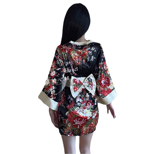 Black floral kimono robe with white bow back detail - suoqing japanese-style sexy lingerie for nightclub stage performances.