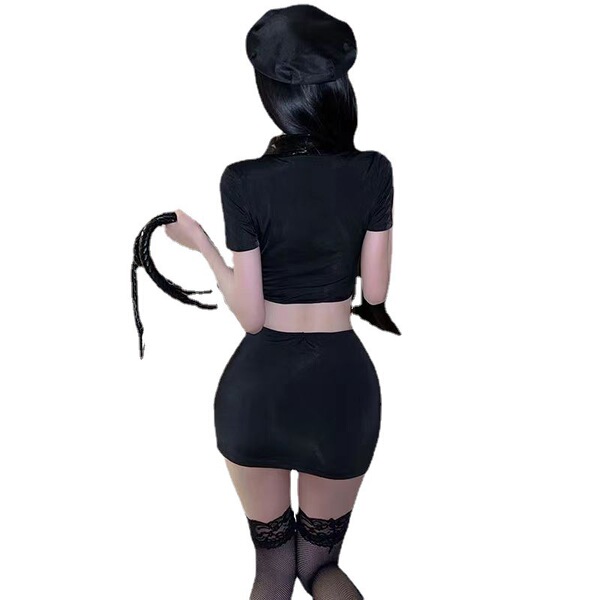Woman in black police-themed lingerie set with short skirt, cap, and whip, viewed from behind for role play.