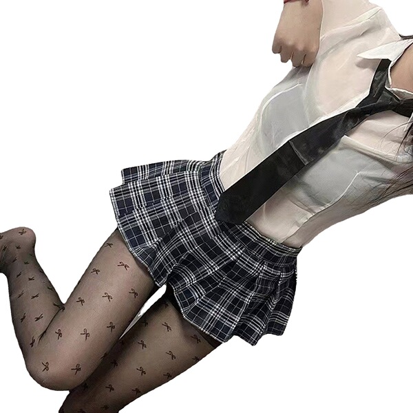 Suoqing selfie lingerie set: transparent shirt, plaid mini skirt, bow tie, and patterned tights for a sweet student uniform l...