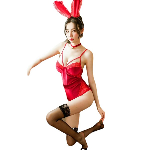 Suoqing sexy bunny costume set - a charming red bodysuit with lace details and bunny ears, perfect for adults seeking playful...
