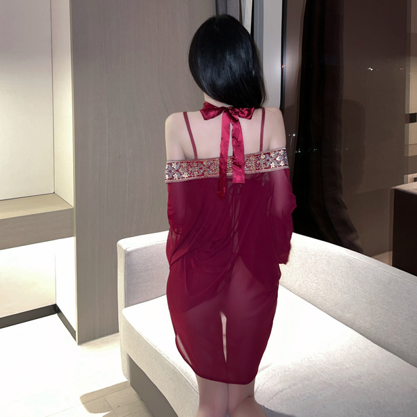 Sexy lace sheer sleep dress with exotic hanfu-inspired design, elegant back tie, perfect one-piece costume outfit.
