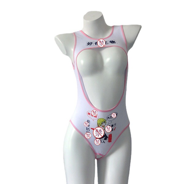 White suoqing sexy lingerie bodysuit with sheer mesh cut-outs, open back and crotch, high-stretch swimwear style outfit on ma...