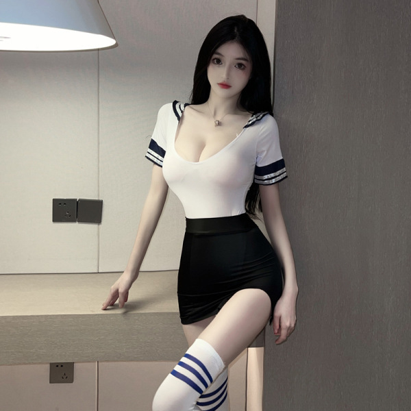 Woman modeling suoqing sexy low-cut navy collar bodysuit with sheer sleeves and black pencil skirt set, styled with striped t...
