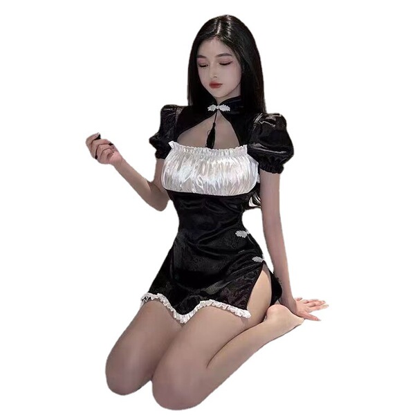 Vintage-inspired black and white retro qipao with high slit, puff sleeves, and no-remove design for elegant allure.