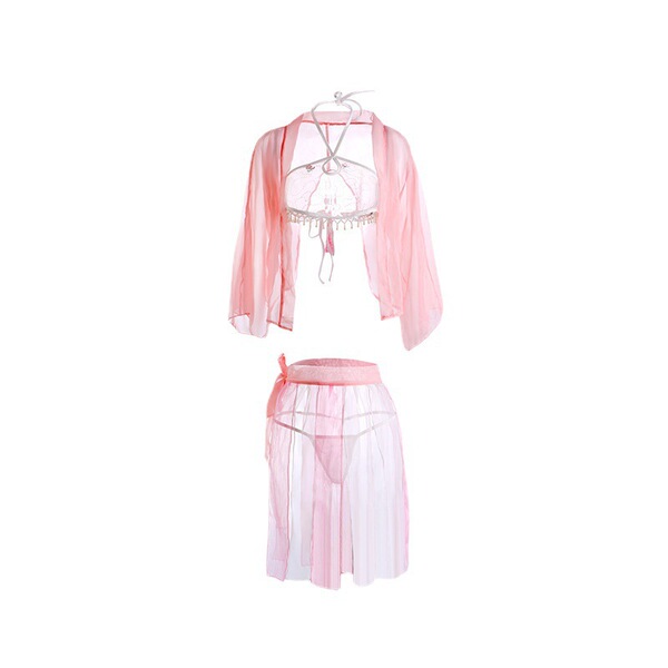 Vintage sheer lingerie set featuring pearl-embellished belly dance bra paired with tassel skirt, exotic erotic outfit design.