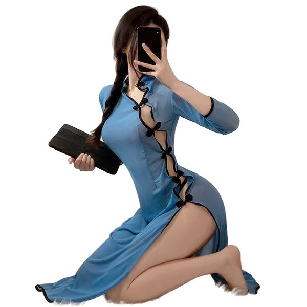 Vintage-inspired blue cheongsam dress with side slit and black buttons, perfect for women seeking elegant yet daring attire.