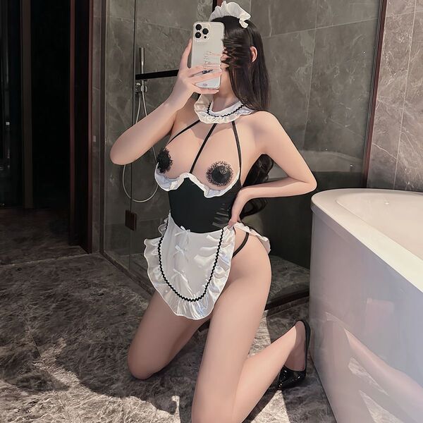 SUQING Sexy Lace Maid Costume Set with Neck Strap Apron & Ruffled Trim – Seductive Sleepwear Outfit - Product Image