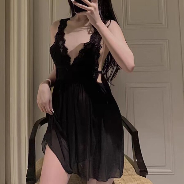 Purple Lace Seductive Sleep Dress - Elegant Valentine's & New Year Lingerie for Women - Black + SW01 Black