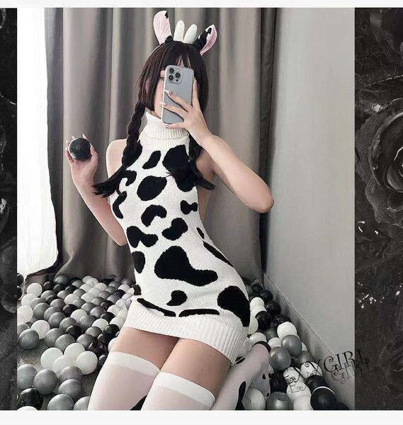 Japanese Style Cow Print Bra Set with Sweet Floral Lace & Long Sleeve High Neck Backless Sweater Dress - Sweater (excluding socks and headband)