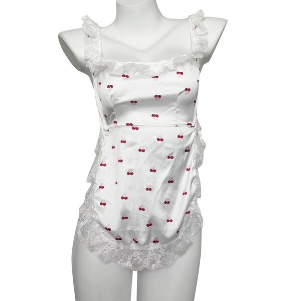 White sweet cherry maid lingerie set featuring playful cherry patterns, delicate lace trimmings, and a no-remove design for p...