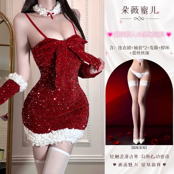 Dowemier Sexy Christmas Lingerie Set – Velvet & Sequin Pure-Elegance New Year Outfit for Women - Sweet and alluring Christmas ◆ Sequined red + white lace stockings