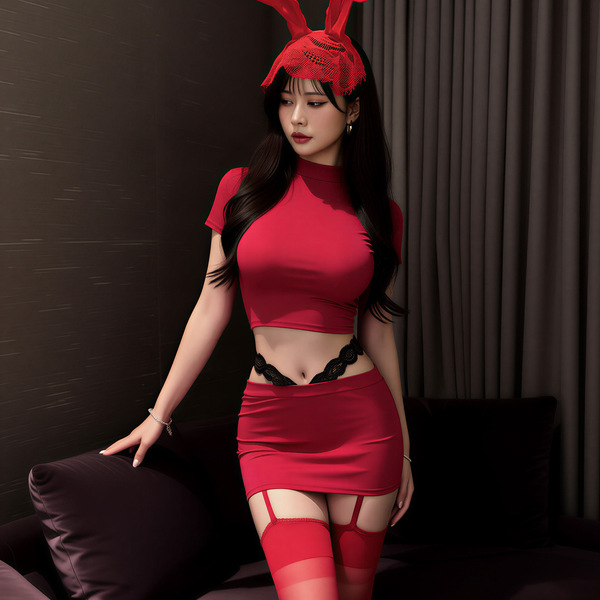 A woman models a red sweet fa fa sexy lingerie set, featuring an ultra-short bodycon skirt and a tight tee, perfect for night...