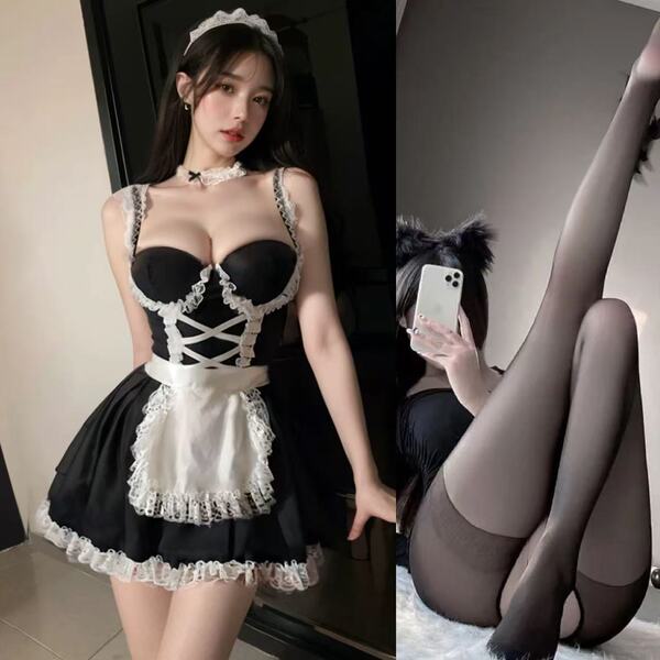 Sexy Maid Costume Set for Women – Lace Push-Up Corset with Steel Boning, Cute & Alluring Cosplay Outfit - Sweet maid + black open-crotch stockings