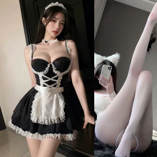 Sexy Maid Costume Set for Women – Lace Push-Up Corset with Steel Boning, Cute & Alluring Cosplay Outfit - Sweet maid + white open-crotch stockings