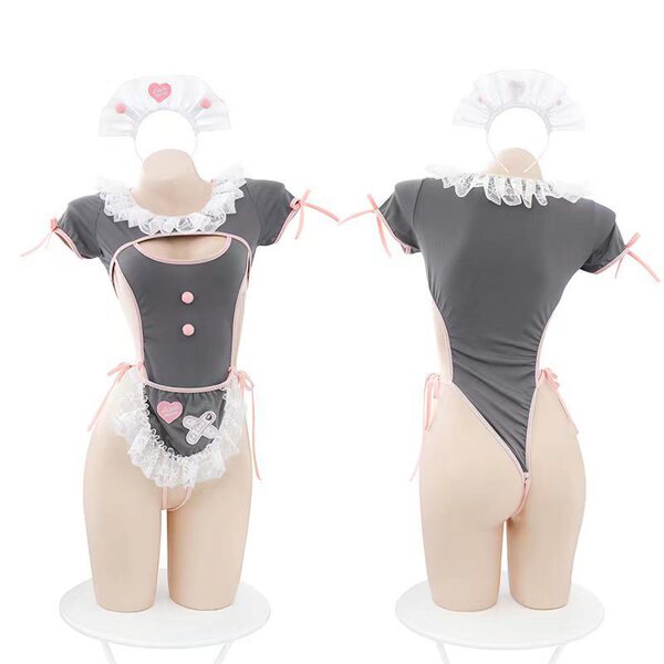 Sweet innocent maid costume set - open-crotch bodysuit with lace details and heart accents for role play and sensual lingerie...