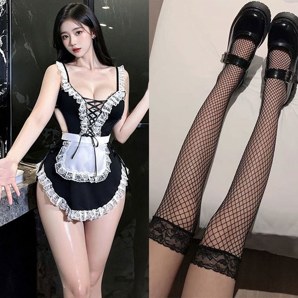 Pure & Seductive Maid Costume - Lace Sexy Role Play Sleep Dress with Detachable Apron & Headband - Sweet and alluring cute maid outfit [four-piece set] + black fishnet stockings