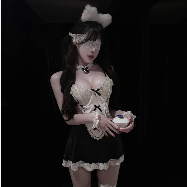 A woman models a sweet maid costume set, featuring a lace-trimmed dress with adjustable straps, perfect for small bust women ...