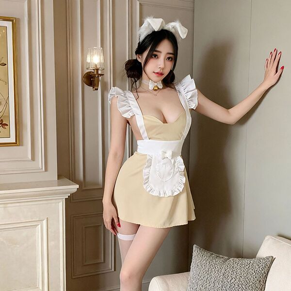 QQNY Pure Allure Sleepwear Set – Luxe Sensual Lingerie for Women, Soft Satin Chemise & Matching Briefs - Sweet Maid [Necklace + Dress + T-shirt]