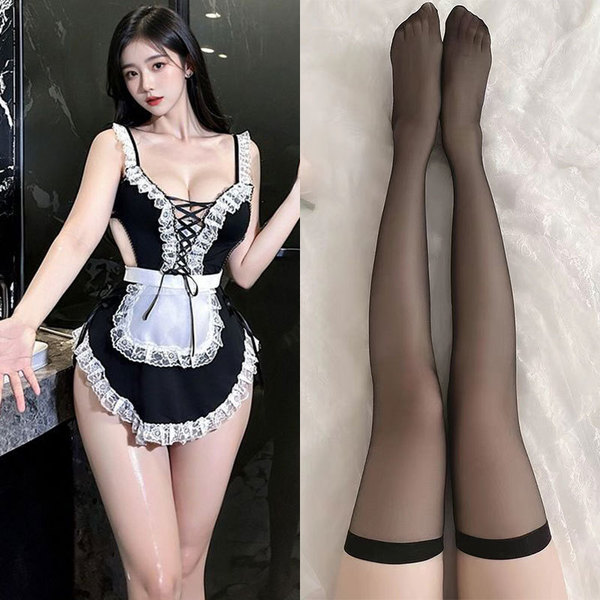 Pure & Seductive Maid Costume - Lace Sexy Role Play Sleep Dress with Detachable Apron & Headband - Sweet and alluring cute maid outfit [four-piece set] + black stockings