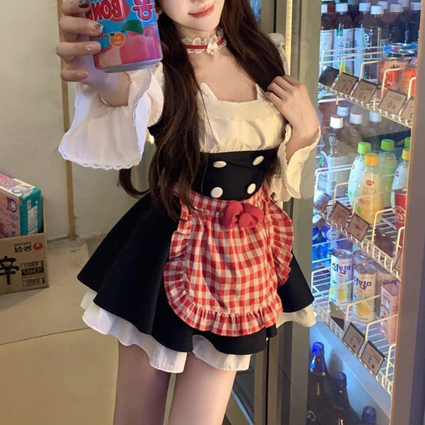 A woman wearing a sweet maid outfit, featuring a spring-summer plaid apron dress with a bow and waist-cinching petticoat.