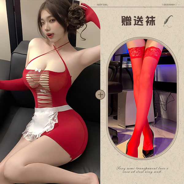 Sexy Maid Costume Set - Sheer & Seductive Qipao Lingerie with Peekaboo Butt Design, No-Remove Temptation Outfit - Charming Maid ◆ Red + Red Stockings