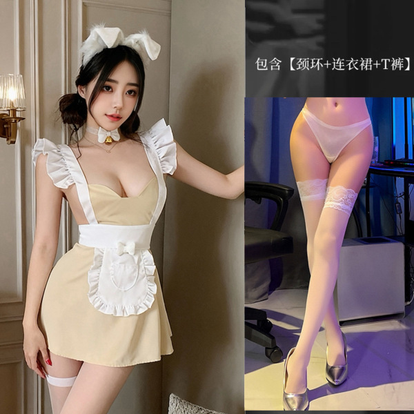 QQNY Pure Allure Sleepwear Set – Luxe Sensual Lingerie for Women, Soft Satin Chemise & Matching Briefs - Sweet maid + white stockings