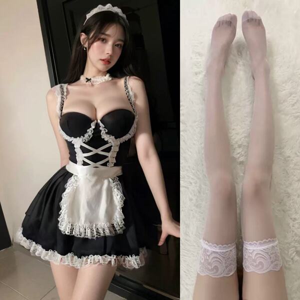 Sexy Maid Costume Set for Women - Lace Push-Up Busty Corset Outfit with Steel Boning & Cute French Maid Style - Sweet maid + white lace stockings