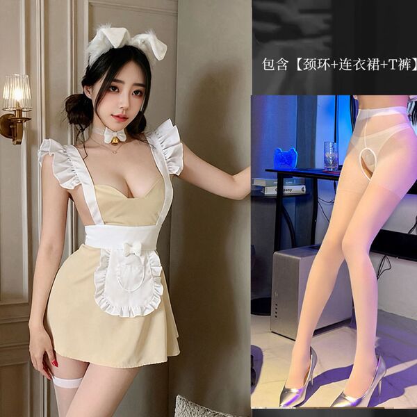 QQNY Pure Allure Sleepwear Set – Luxe Sensual Lingerie for Women, Soft Satin Chemise & Matching Briefs - Sweet maid + white open crotch stockings