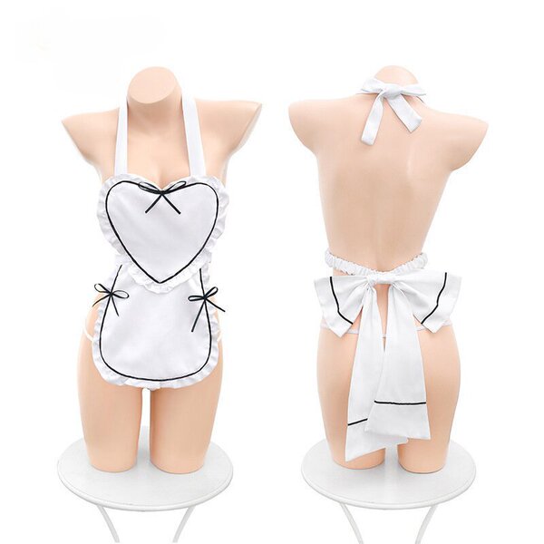 White heart-shaped nurse lingerie set with black trim, front and back view on mannequin.