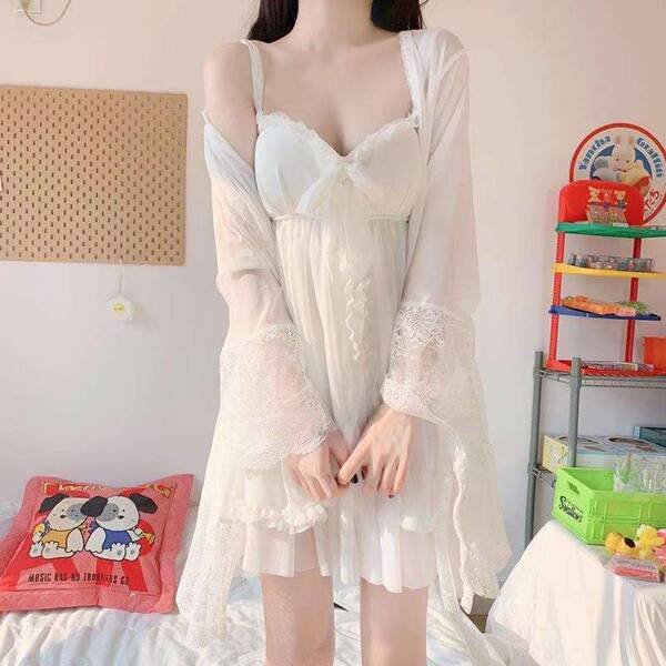 Sweet palace style lace sleepwear set for women – loose korean-inspired summer cami dress & matching shorts, featuring delica...