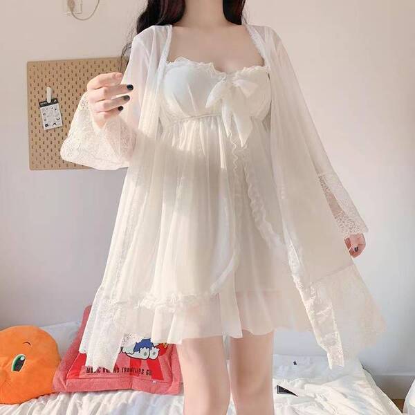 Sweet palace style lace sleepwear set for women – loose korean-inspired summer cami dress with matching shorts, featuring del...