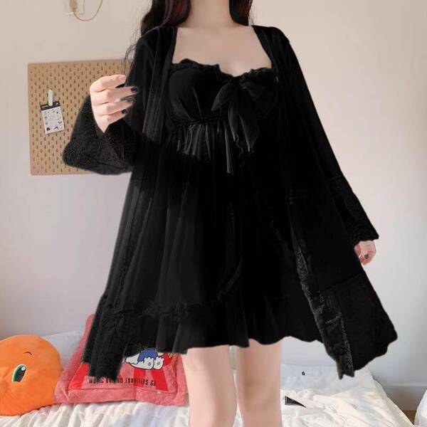 Sweet palace style lace sleepwear set for women – loose korean-inspired summer cami dress & matching shorts, featuring elegan...