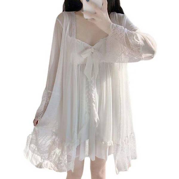 Sweet palace style lace sleepwear set for women – loose korean-inspired summer cami dress with matching shorts, featuring del...