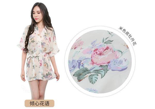 Passion Youmei Butterfly Lingerie Set for Women – Sheer Chiffon Kimono Robe & Sexy Sleep Dress, Wholesale Factory Direct - Beige - A Flower's Delight