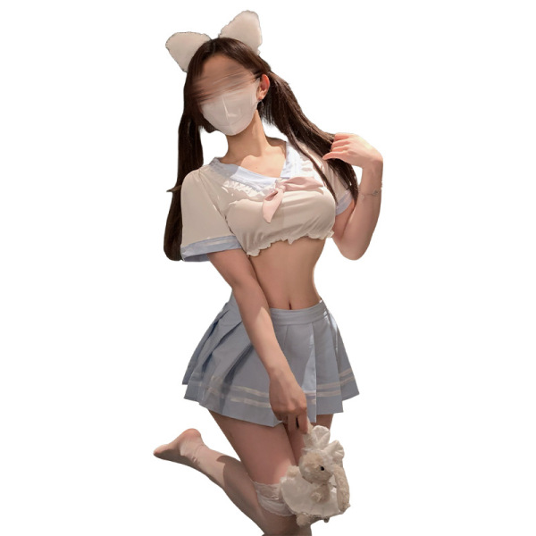 Sweet & sexy jk uniform set: crop top, pleated skirt, bunny ears, and plush toy. high-end lingerie outfit for playful style.