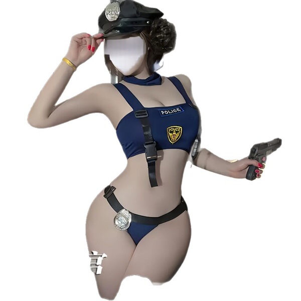 Sexy black stockings with police-themed bikini top, perfect for role play outfits.