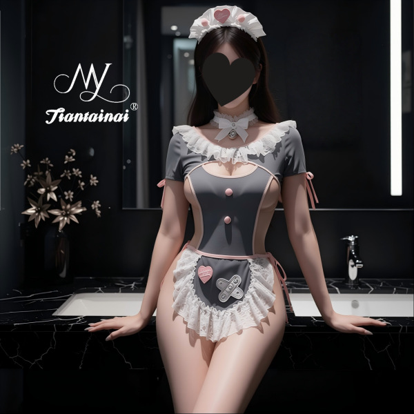 Woman wearing a gray and pink sweetheart maid bodysuit with an open-crotch design, ruffled apron, and matching headpiece.